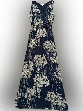 Sophie Max Sz Medium Navy Maxi Dress-Length Dress with White Floral Print